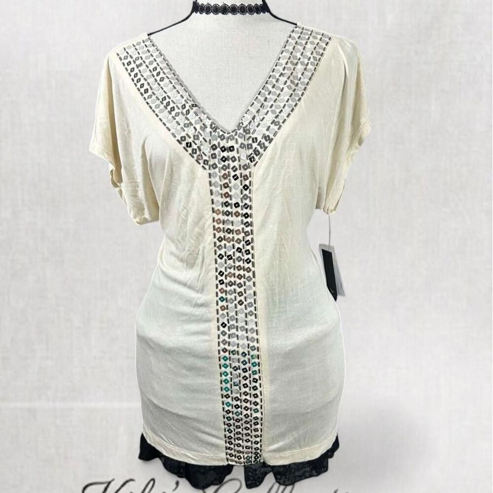 Coquette Glam Apt 9 Cream Blouse with Rhinestone Trim